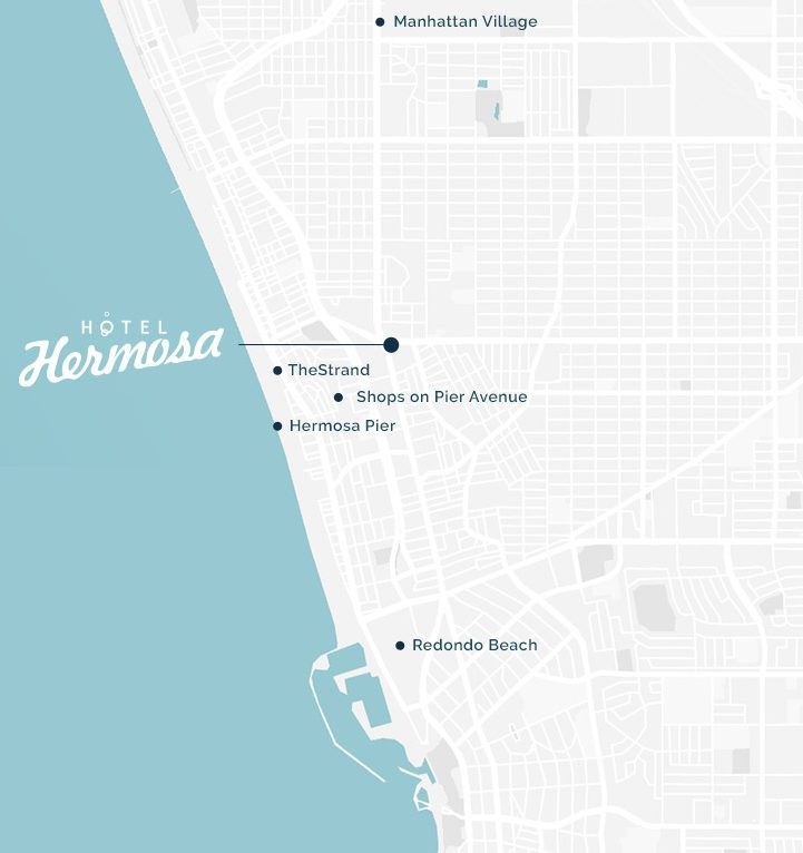 Map of Hermosa Beach area along the coast, showing beaches, a few labeled points, and street grid, with the ocean on the left side.